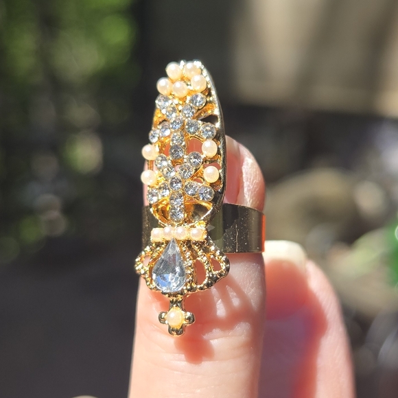 Gold Dainty Nail Ring with Sparkling Stones & Pearls - Picture 6 of 6